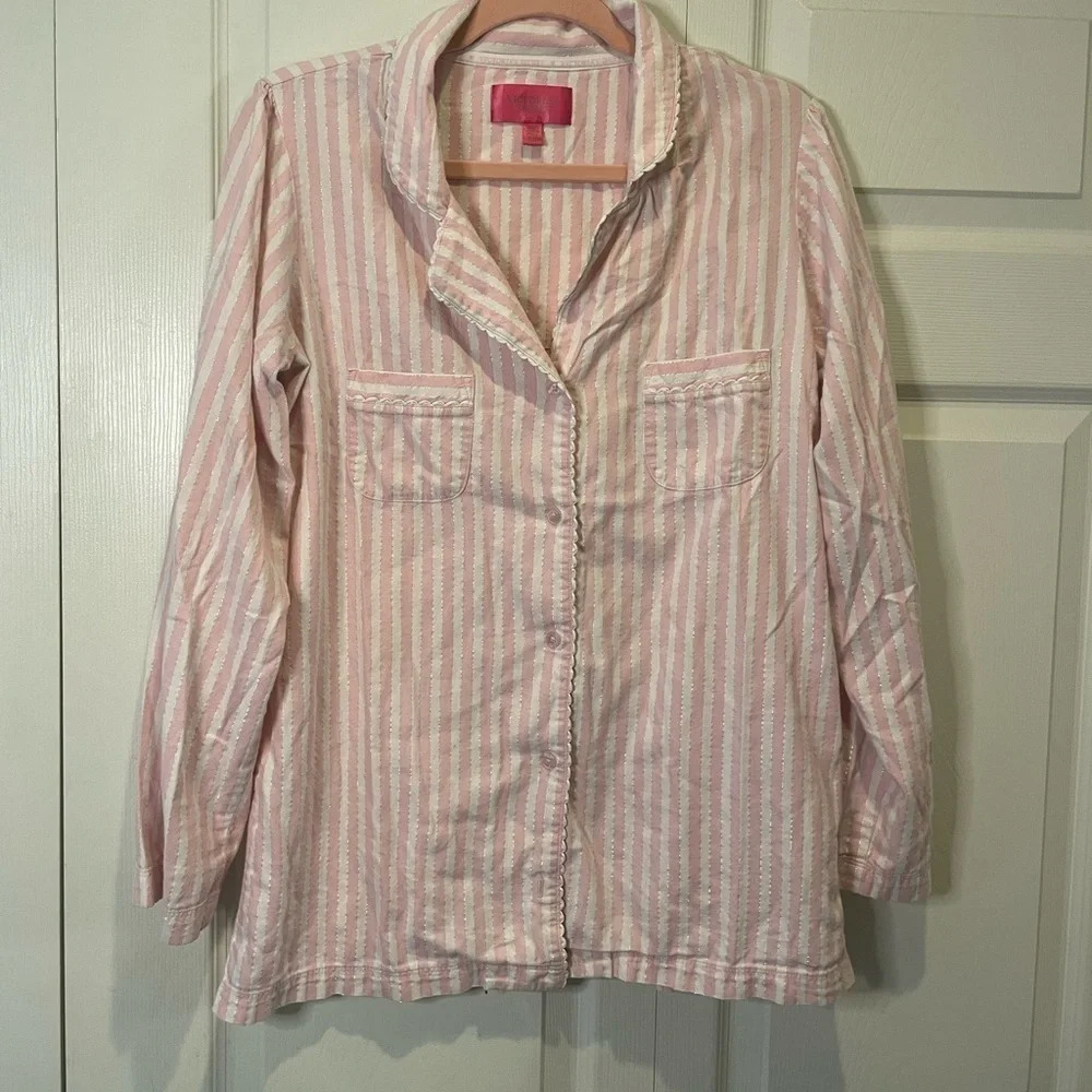 Victoria’s Secret Pink Glittery Stripe Long Sleeve Sleep Top Pink Label